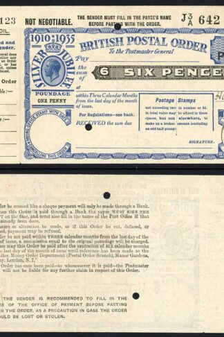 1935 Silver Jubilee 6d Commemorative Postal Order 7th May 1935 CDS