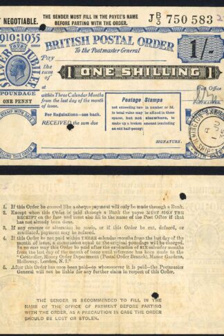 1935 Silver Jubilee 1/- Commemorative Postal Order 1st July 1935 CDS