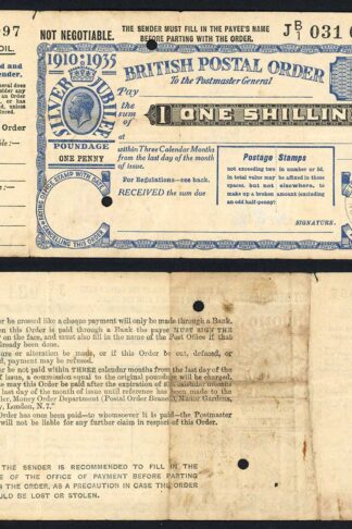 1935 Silver Jubilee 1/- Commemorative Postal Order 10th May 1935 CDS