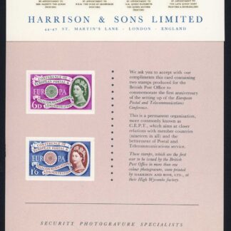 1960 EUROPA (SG621-622) HARRISON AND SONS PRESENTATION CARD.