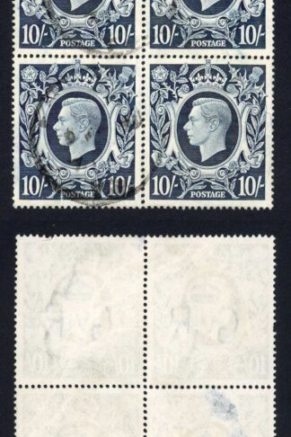 SG478 1939 10/- Dark Blue block (odd wrinkle and on stamp thinned)