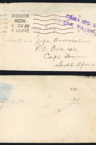 Salvaged Envelope 1942 Envelope with DAMAGED BY SEA WATER cachet in magenta