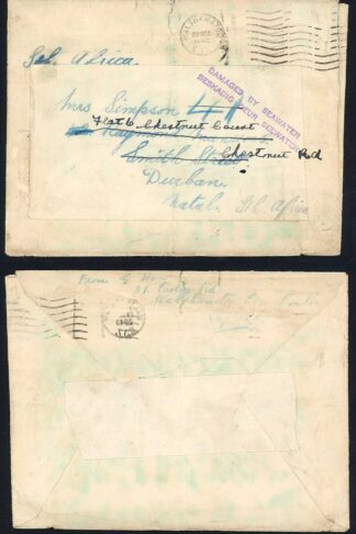 1942 Walthamstow to Durban Bilingual Damaged by Sea Water cachet