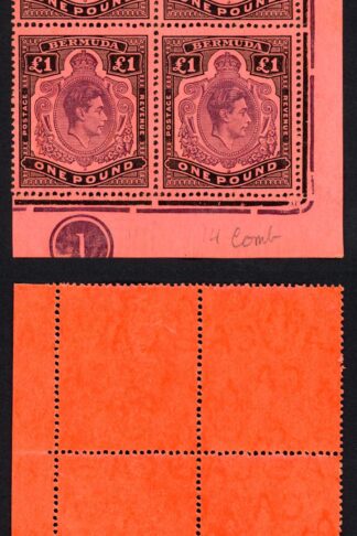 Bermuda SG121 One Pound Purple and Black/red U/M Plate Block of SIX Cat 1800