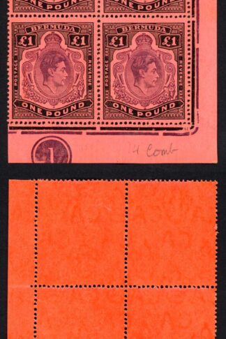 Bermuda SG121 One Pound Purple and Black/red U/M Plate Block of SIX Cat 1800