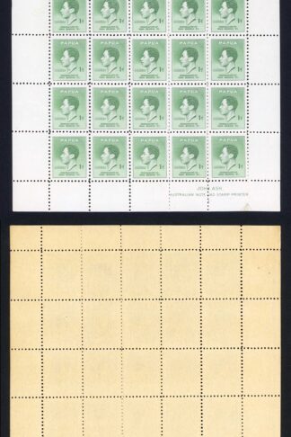 Papua SG154a 1937 Coronation 1d Green Blue Pane of 40 inc Halo Flaw U/M