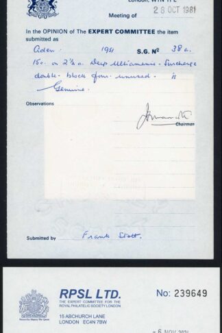 Aden SG38a KGVI 15c on 2 1/2a Surch DOUBLED U/M Cat 1600 RPS Cert