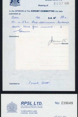 Aden SG38a KGVI 15c on 2 1/2a Surch DOUBLED U/M Cat 1600 RPS Cert