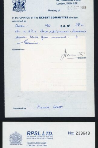 Aden SG38a KGVI 15c on 2 1/2a Surch DOUBLED U/M Cat 1600 RPS Cert