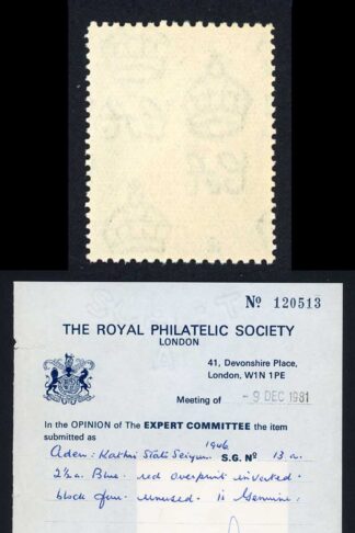 Aden Seiyun SG13a 2 1/2d Overprint INVERTED U/M Cat 1400 pounds RPS Cert