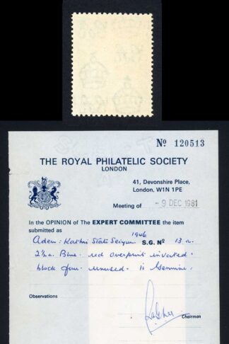 Aden Seiyun SG13a 2 1/2d Overprint INVERTED U/M Cat 1400 pounds RPS Cert