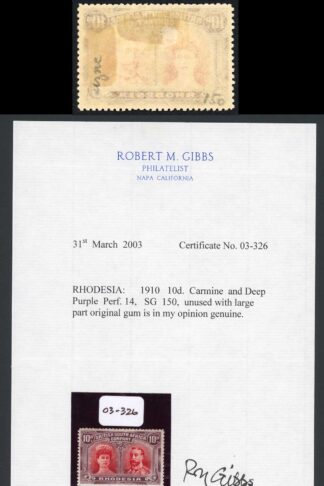 Rhodesia SG150 10d Carmine and Deep purple M/M (hinge remainder) Cat 600
