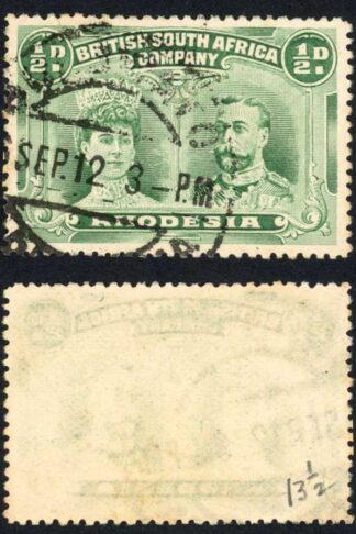 Rhodesia SG182 1/2d Light Green Perf 13.5 Fine used Cat 60 pounds