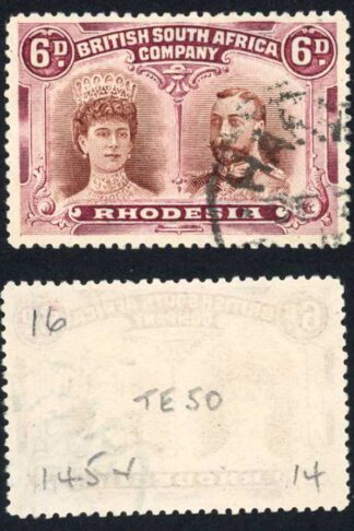 Rhodesia SG145 (v1) 6d Reddish-Brown and Bright-Purple Fine used Cat 32++ pounds