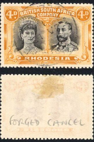 Rhodesia SG139 4d Brown-purple and Dull Orange with a FORGED CANCEL