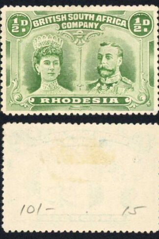 Rhodesia SG119 1/2d Yellowish-green (RJL-1) Mint (no gum) Cat 20 pounds