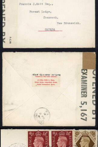 KGVI 1/- Bistre-Brown on 1941 Censored cover to New Brunswick 1/3 1/2oz Rate