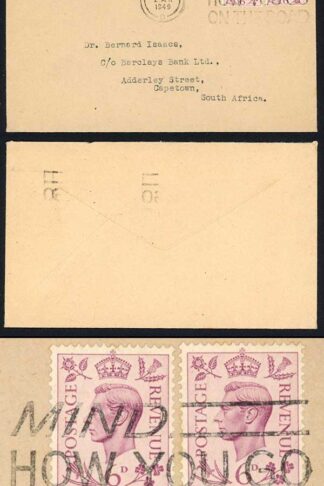 KGVI 6d Purple on 1949 Airmail Cover to South Africa 1/- Airmail rate