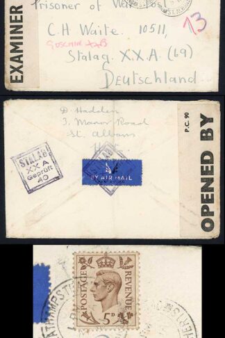 KGVI 5d Brown on 1941 Censored Airmail cover to Stalig XX A POW camp in Poland
