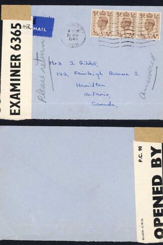 KGVI 5d Brown Strip on 1943 Received Replied and Returned cover