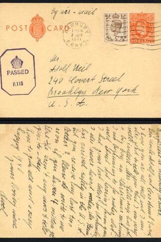 KGVI 5d Brown on Censored Uprated Post Card to the USA