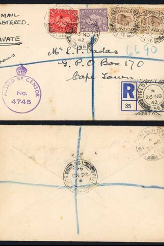 KGVI 5d Brown on 1942 cover to South Africa FPO 196 Egypt and Sudan