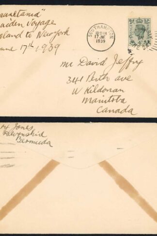 KGVI 4d Grey-green on 17 June 1939 Mauretania Maiden Voyage cover to Canada