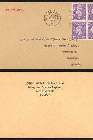 KGVI 3d Pale Violet Block on 1949 1/- Airmail Zone B cover to Canada