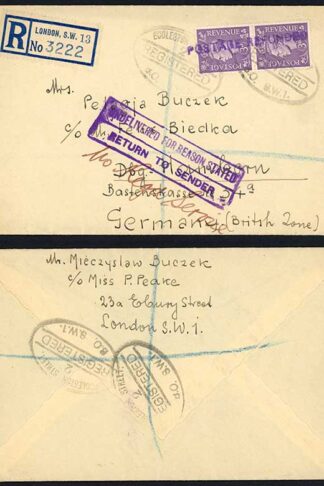 KGVI 3d Pale Violet on Return to Sender Postage Refunded No Registered Service