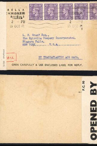 KGVI 3d Pale Violet x 5 on 1942 Censor Examined Airmail cover to the USA