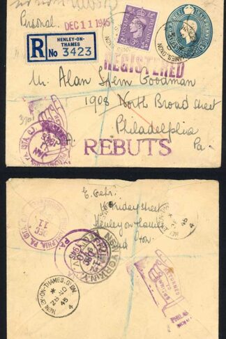 KGVI 3d Pale Violet uprating 1945 2 1/2d Stationary to US Refused mail (Rebuts)