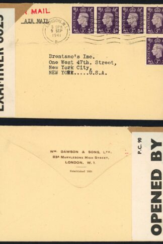 KGVI 3d Violet x 5 Perfin D (Wm Dawson and sons) on Censored cover to USA
