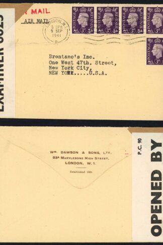 KGVI 3d Violet x 5 Perfin D (Wm Dawson and sons) on Censored cover to USA