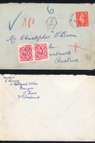 KGVI 2 1/2d Pale Scarlet on underpaid cover with Austria Post Dues