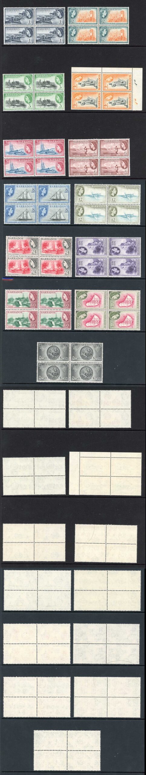 Barbados SG289/301 1953 Set of 13 in Blocks of 4 U/M Cat 320 pounds