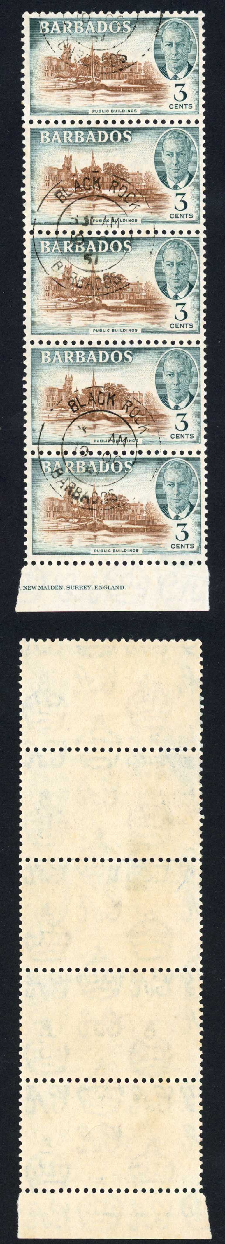 Barbados SG273 3c Imprint Strip of 5 CDS used Cat 20 pounds