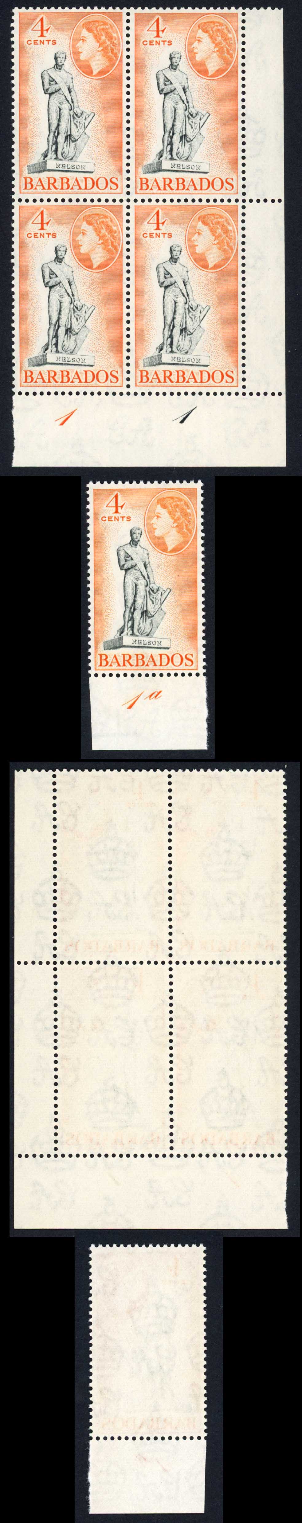 Barbados SG292a 4c Black and Reddish Orange Plate Block of Four U/M Cat 22 pound