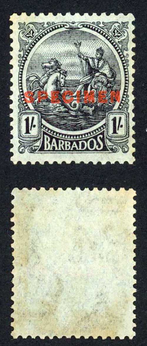 Barbados SG226 1/- Wmk Script Opt Specimen (no gum)