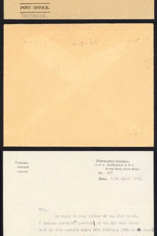 Barbados SG222 2 1/2d Ultramarine cover 12th April 1930 via a sea plane