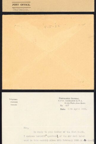Barbados SG222 2 1/2d Ultramarine cover 12th April 1930 via a sea plane