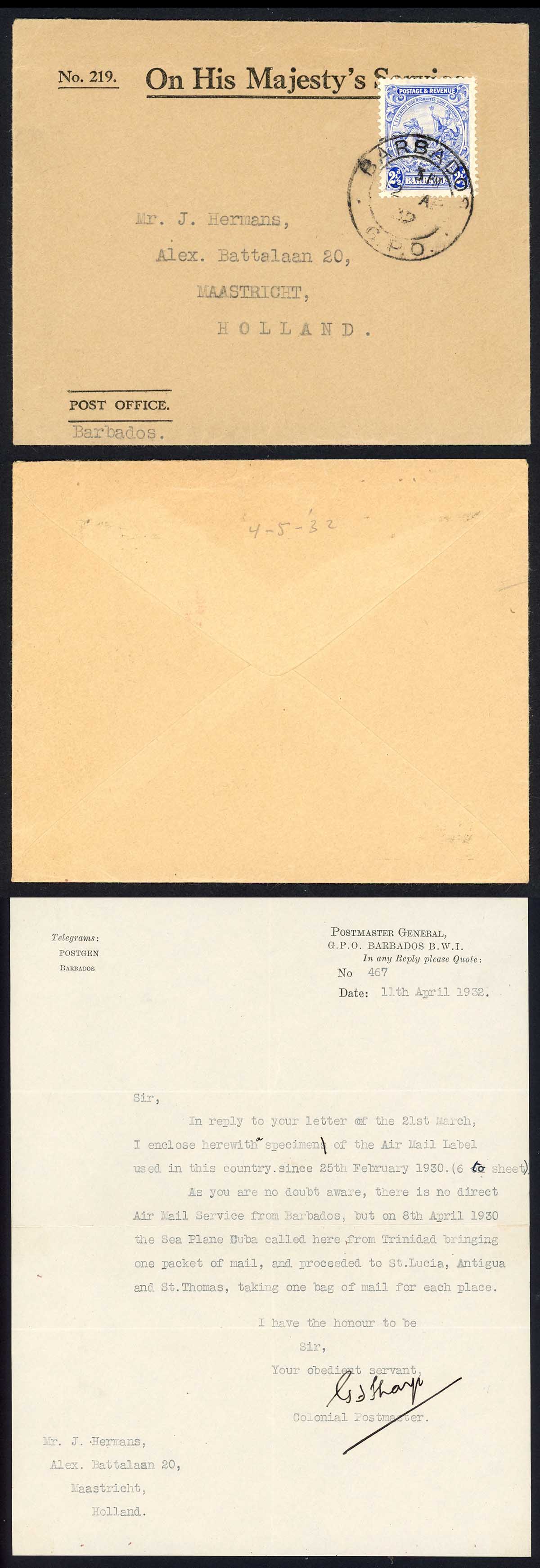 Barbados SG222 2 1/2d Ultramarine cover 12th April 1930 via a sea plane