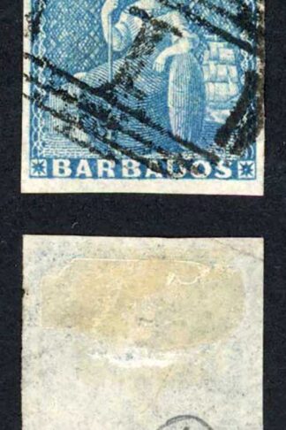 Barbados SG10 (1d) Deep Blue White Paper No wmk 4 margin (corner crease) Cat 65