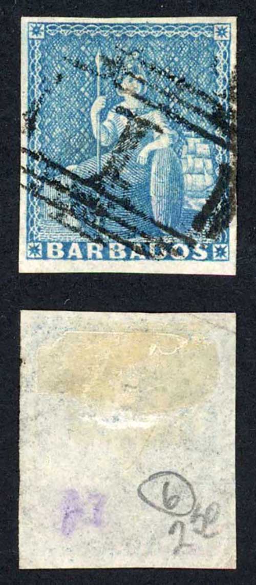 Barbados SG10 (1d) Deep Blue White Paper No wmk 4 margin (corner crease) Cat 65