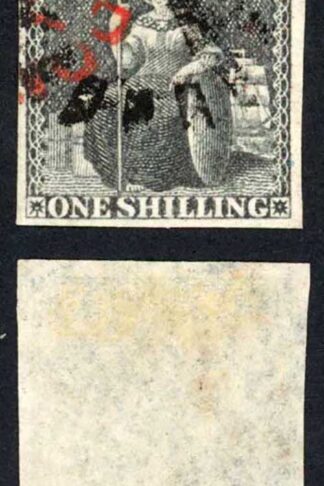 Barbados SG12a 1/- Black No Wmk Black and Red postmarks Cat 75++ pounds
