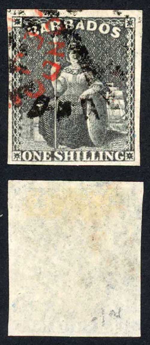 Barbados SG12a 1/- Black No Wmk Black and Red postmarks Cat 75++ pounds