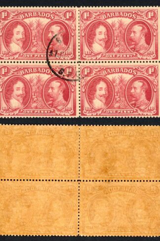 Barbados SG240 1927 Tercentenary 1d Block (toned paper) CDS Block