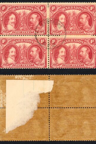 Barbados SG240 1927 Tercentenary 1d Block (toned paper) CDS Block