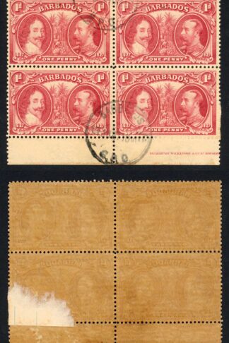 Barbados SG240 1927 Tercentenary 1d Block (toned paper) CDS Block