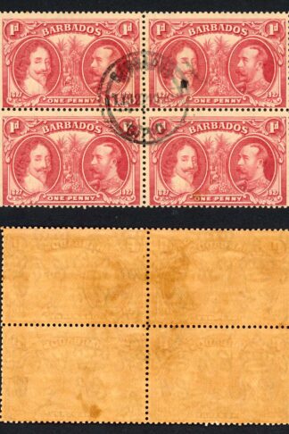 Barbados SG240 1927 Tercentenary 1d Block (toned paper) CDS Block
