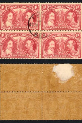Barbados SG240 1927 Tercentenary 1d Block (toned paper) CDS Block